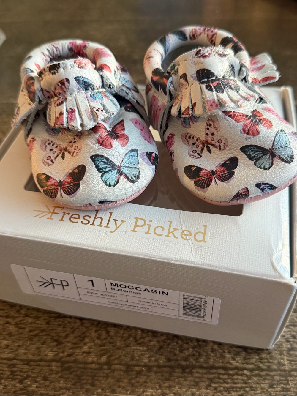 Freshly Picked Butterfly Print White Baby Moccasins Size 1